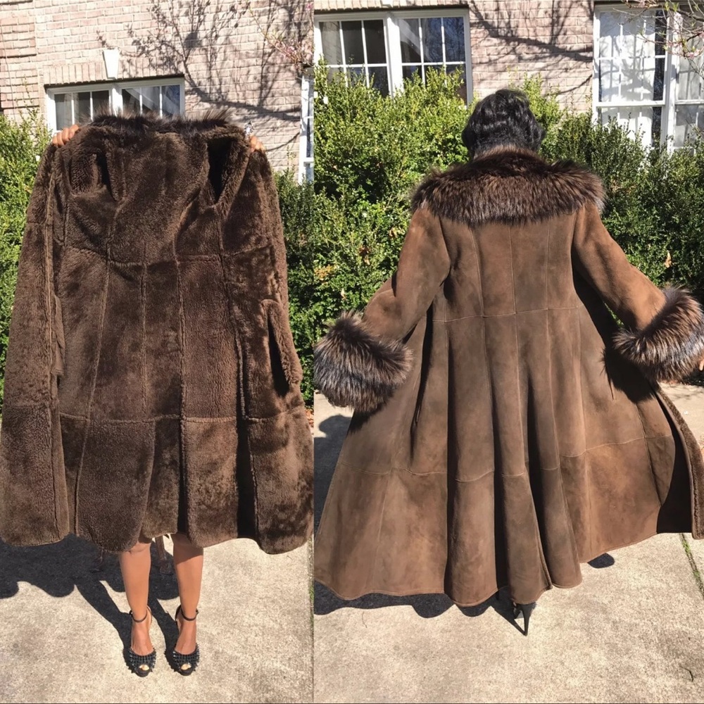Mint Designer Full length Sable brown Shearling & Yellow tip Fox Fur Coat S 0-4 - Picture 11 of 16